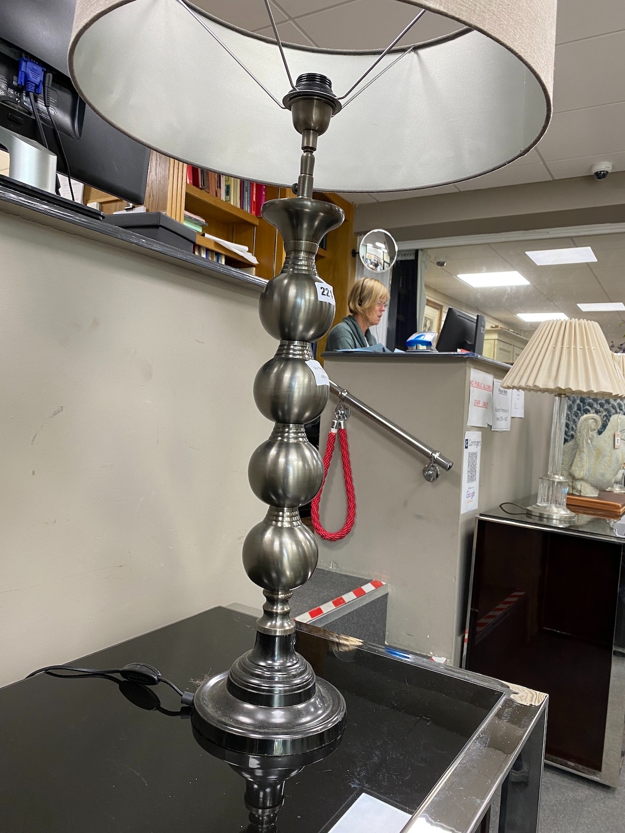 A pair of modern pillar glass table lamps and a pair of pewter effect table lamps, larger height 86cm